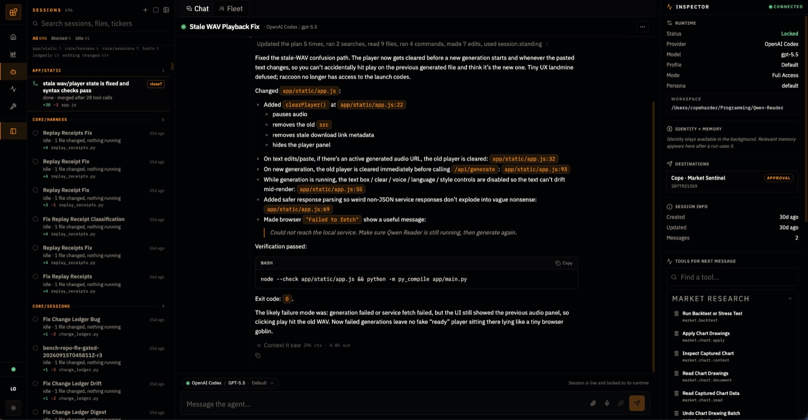 CopeNet agent console: a locked session running GPT-5.5 through Codex, the change summary it produced, and the inspector showing runtime, access mode and tools